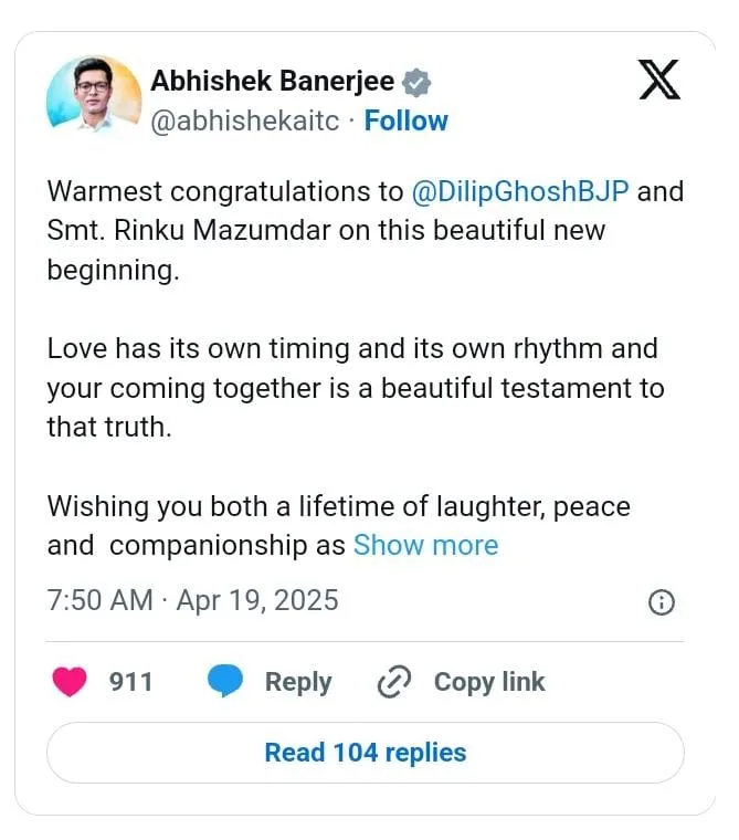 ভালোবাসার নিজস্ব সময় ও লয় আছে’, দিলীপ-রিঙ্কুকে শুভেচ্ছা জানালেন অভিষেক - West Bengal News 24