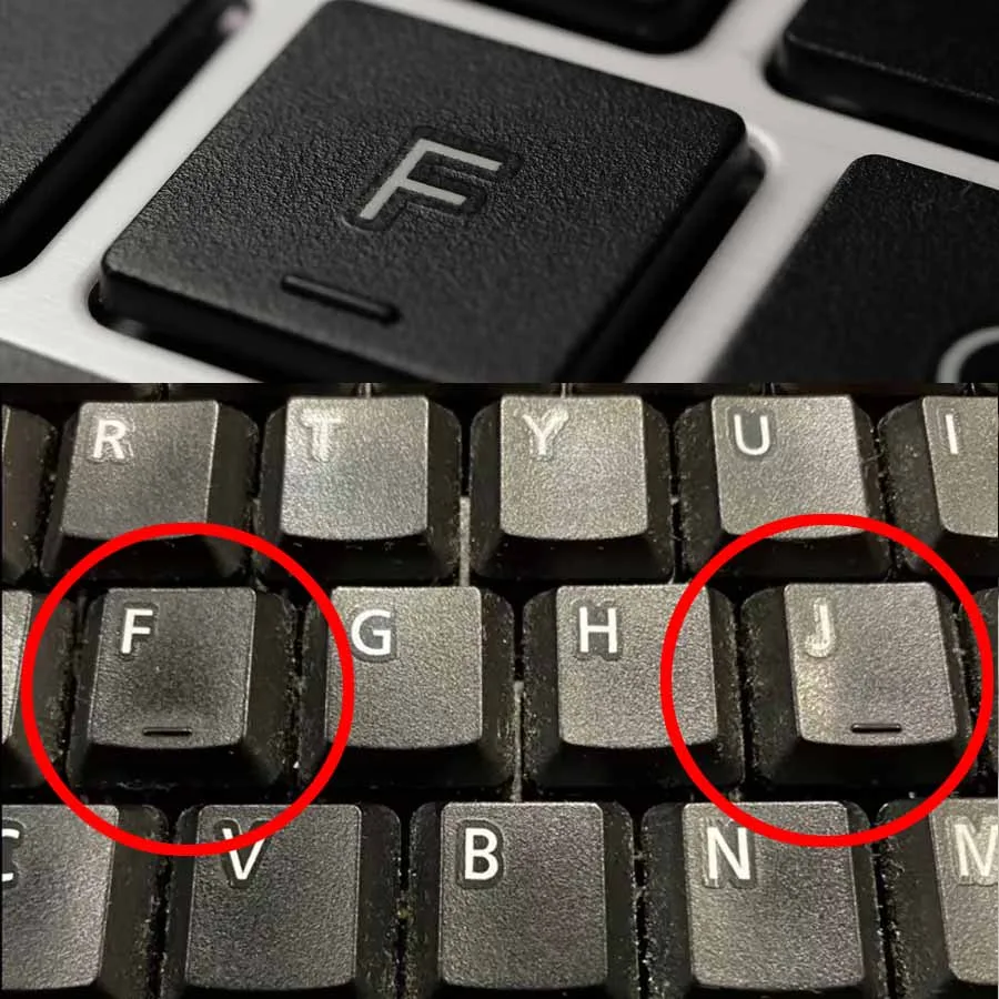 Close-up of a keyboard with the F and J home-row keys circled, showing their tactile bumps.