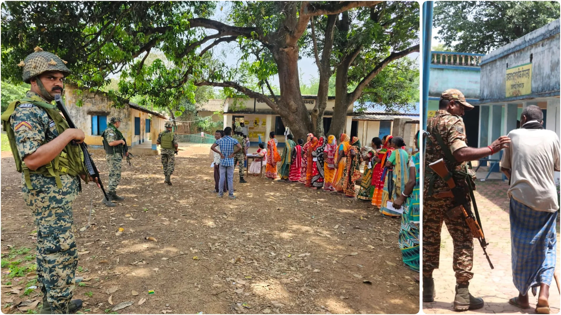 Armed soldiers guard a line of civilians, mostly women in colorful saris, at an outdoor checkpoint near a village building under trees.