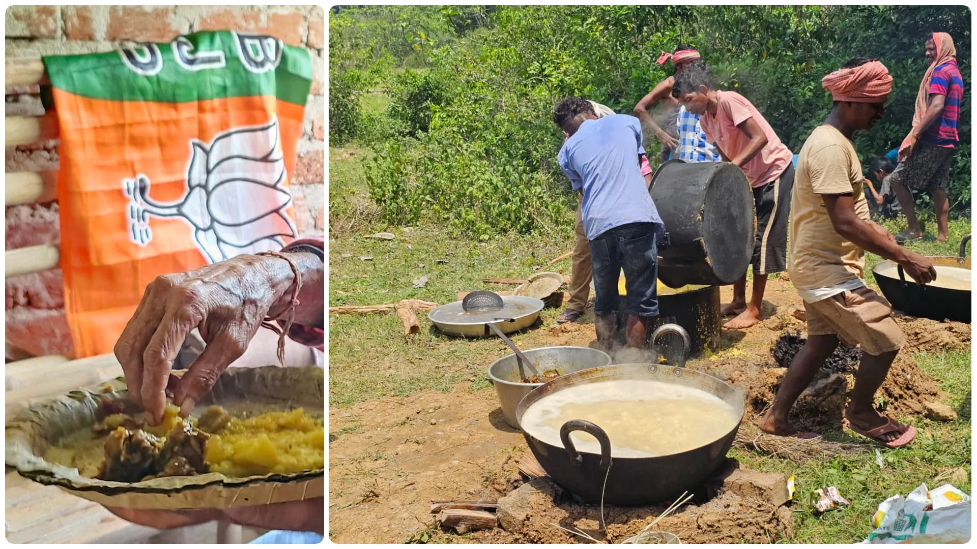 Outdoor cooking scene: several men work around large metal pots over an open fire in a rural area; steam and food visible in foreground on the ground.