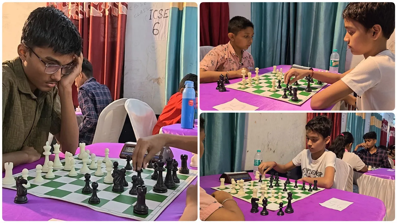 Collage of three young players in a chess tournament, each seated at a purple-clothed table and focused on their boards.