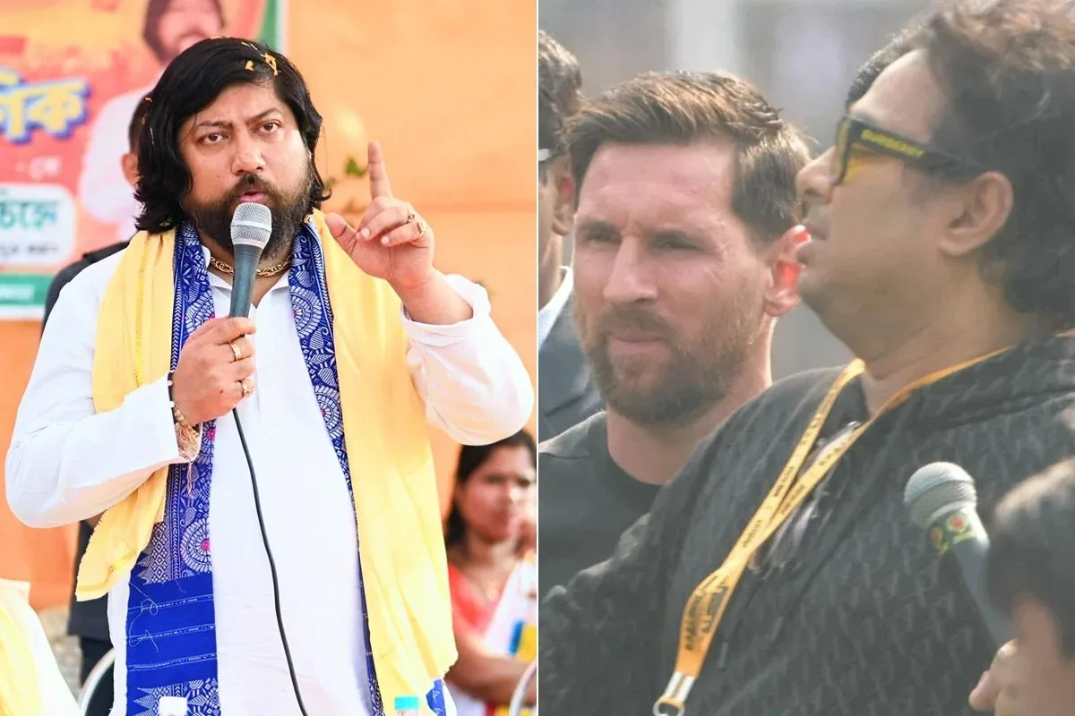 Split image of two men at a public event: left person speaks into a microphone while gesturing; right person wears sunglasses and a lanyard near another mic.