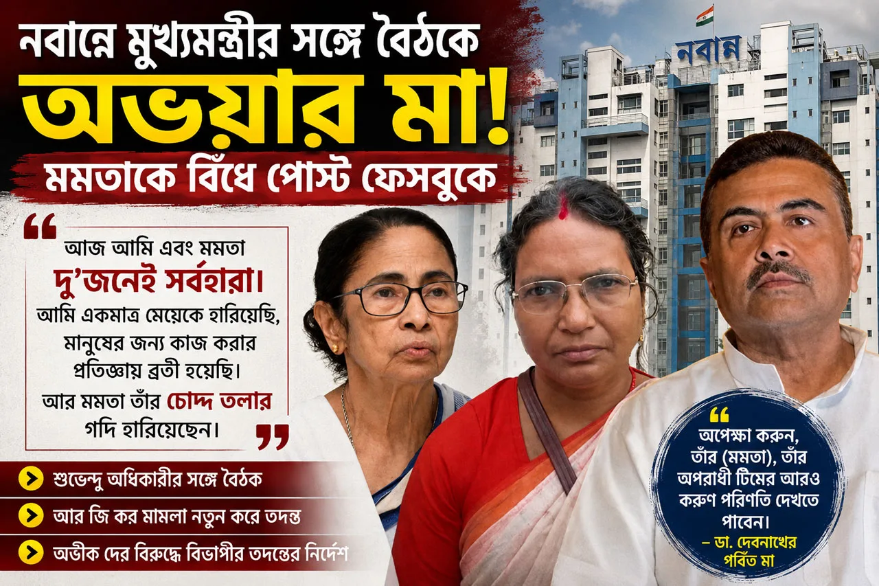 Thumbnail: three adults (two women and a man) in front of a residential building, with bold Bengali headlines about the government and a blue circular quote.
