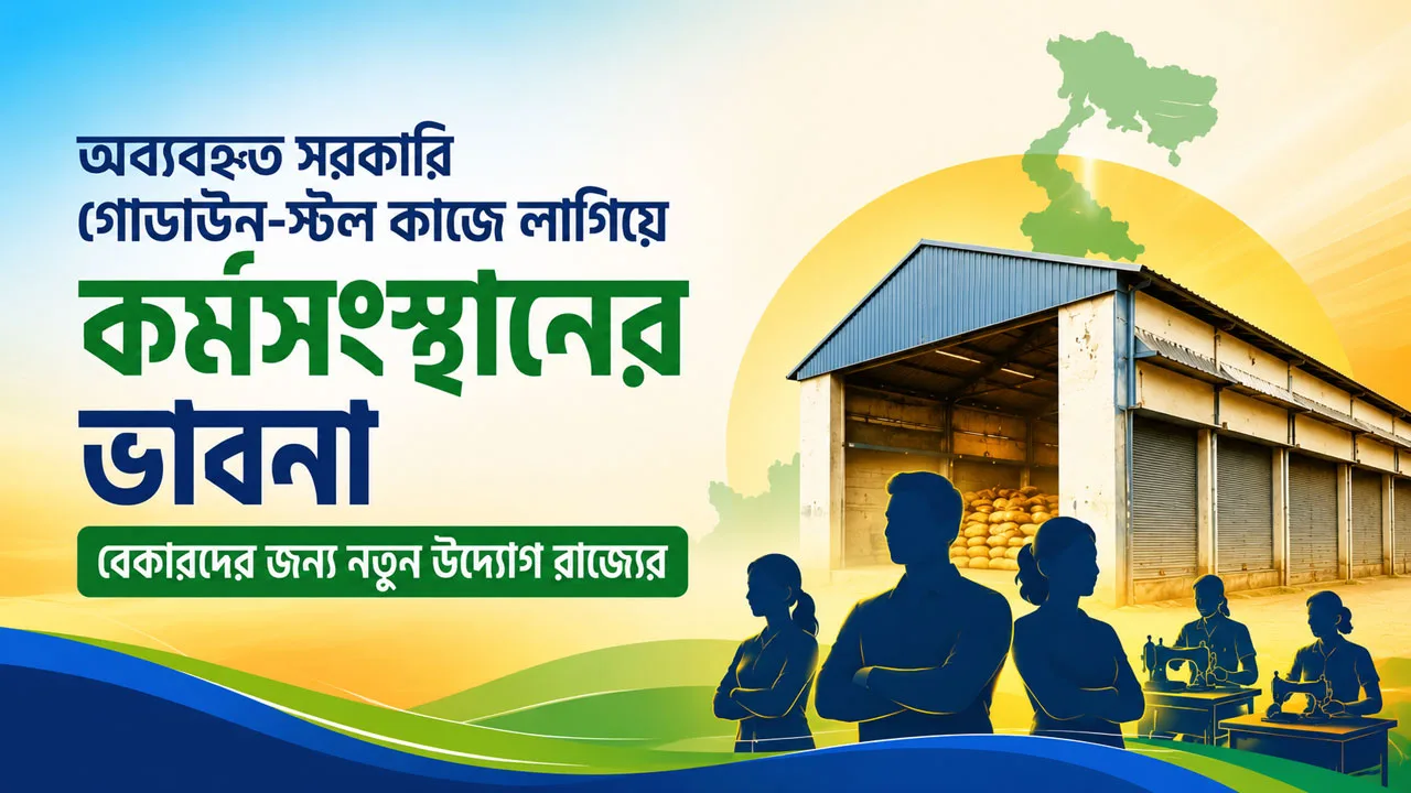 Bangla poster about garment workers and a new budget, showing silhouettes of workers, a warehouse, and a map of Bangladesh against a sunrise background.