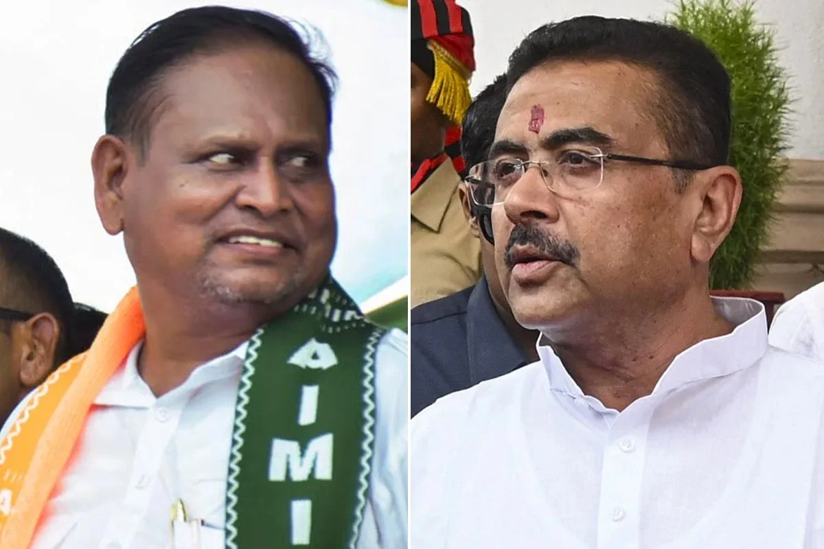 Split image of two men at an event: left man smiling in a white shirt with an orange scarf and green sash; right man in a white shirt with glasses and a tilak on his forehead.