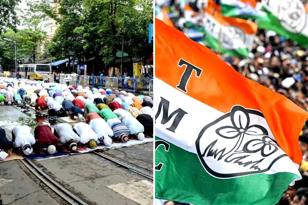 Left: Muslims praying in rows on a city street, with trees and barriers nearby. Right: Indian National Congress? BJP flag with lotus amid a cheering crowd.