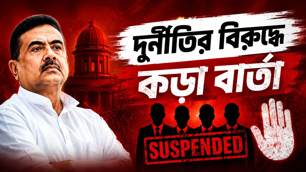 A man in a white shirt stands with arms crossed on a red background, alongside a bold Bengali headline, silhouettes, and a red 'SUSPENDED' stamp with a raised hand motif.