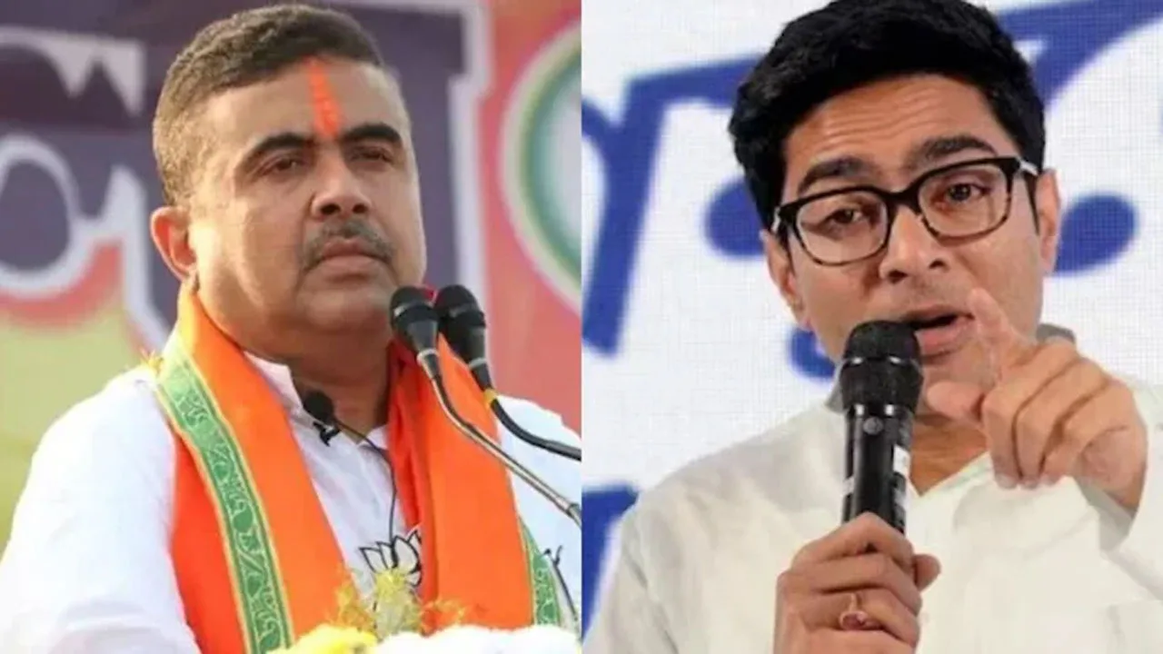 Two men speaking at events: left man with orange scarf and tilak, right man wearing glasses and a white shirt with a microphone.