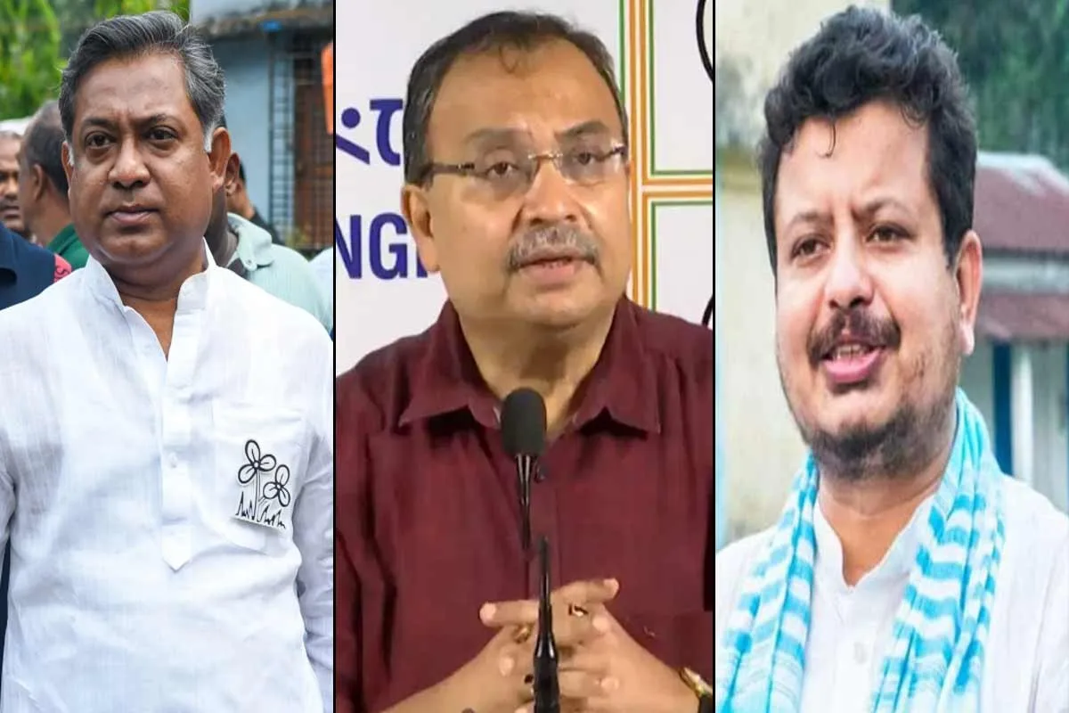 Collage of three men: left in a white kurta outdoors, middle in a maroon shirt speaking at a microphone, right man with a blue-and-white scarf outdoors.