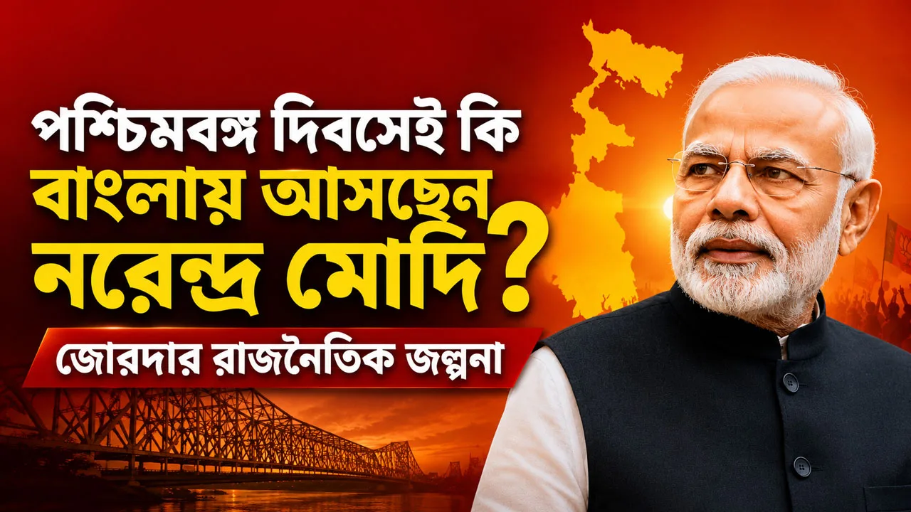 Bengali political thumbnail: a serious older man in a dark vest on an orange background with a bridge silhouette and map outline, plus bold Bengali text about a possible visit.