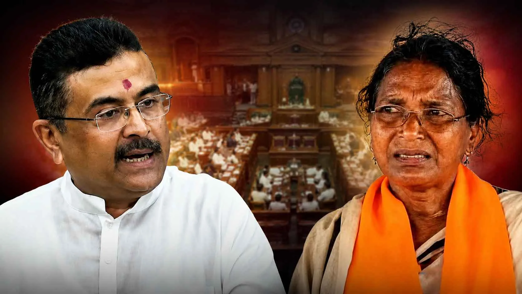 Two people in the foreground: a man in a white shirt on the left and another person with an orange scarf on the right, with a blurred parliamentary chamber in the background.