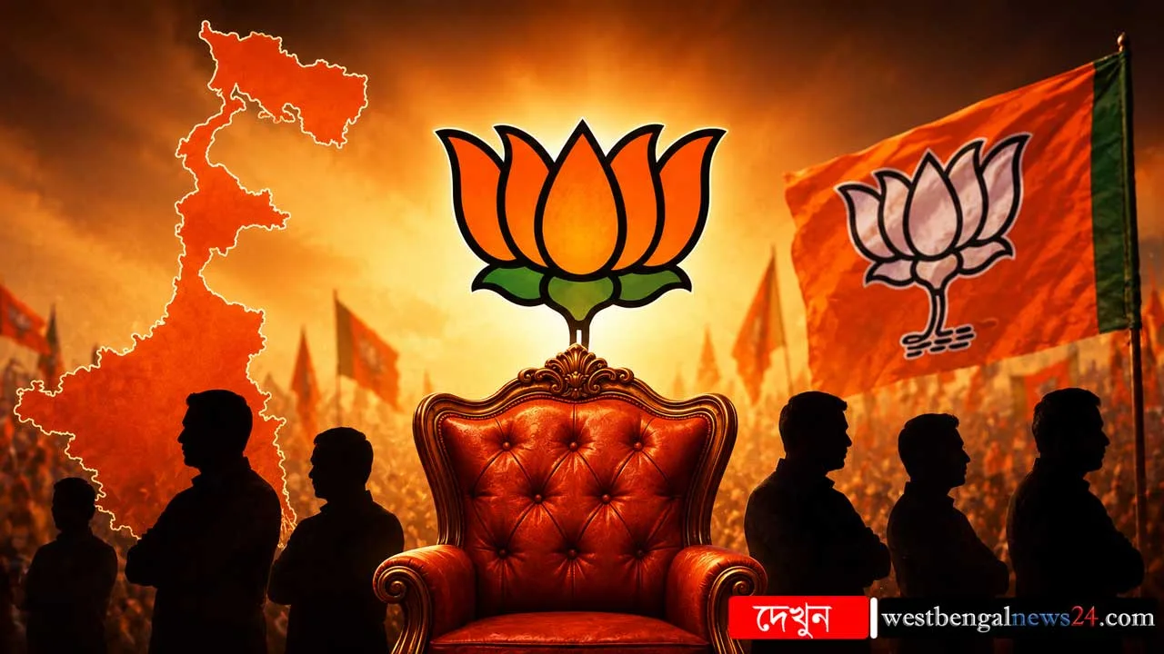 A glowing lotus symbol sits atop an ornate red chair, with orange flags and shadowed crowd silhouettes in the background for a BJP rally scene.