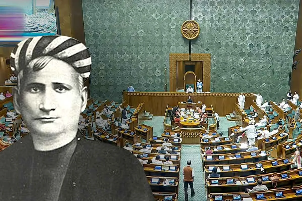 Large black‑and‑white portrait of a man in traditional attire overlaid on a busy assembly hall with delegates seated at desks and a central dais in the background, suggesting a tribute or historical reference to governance.