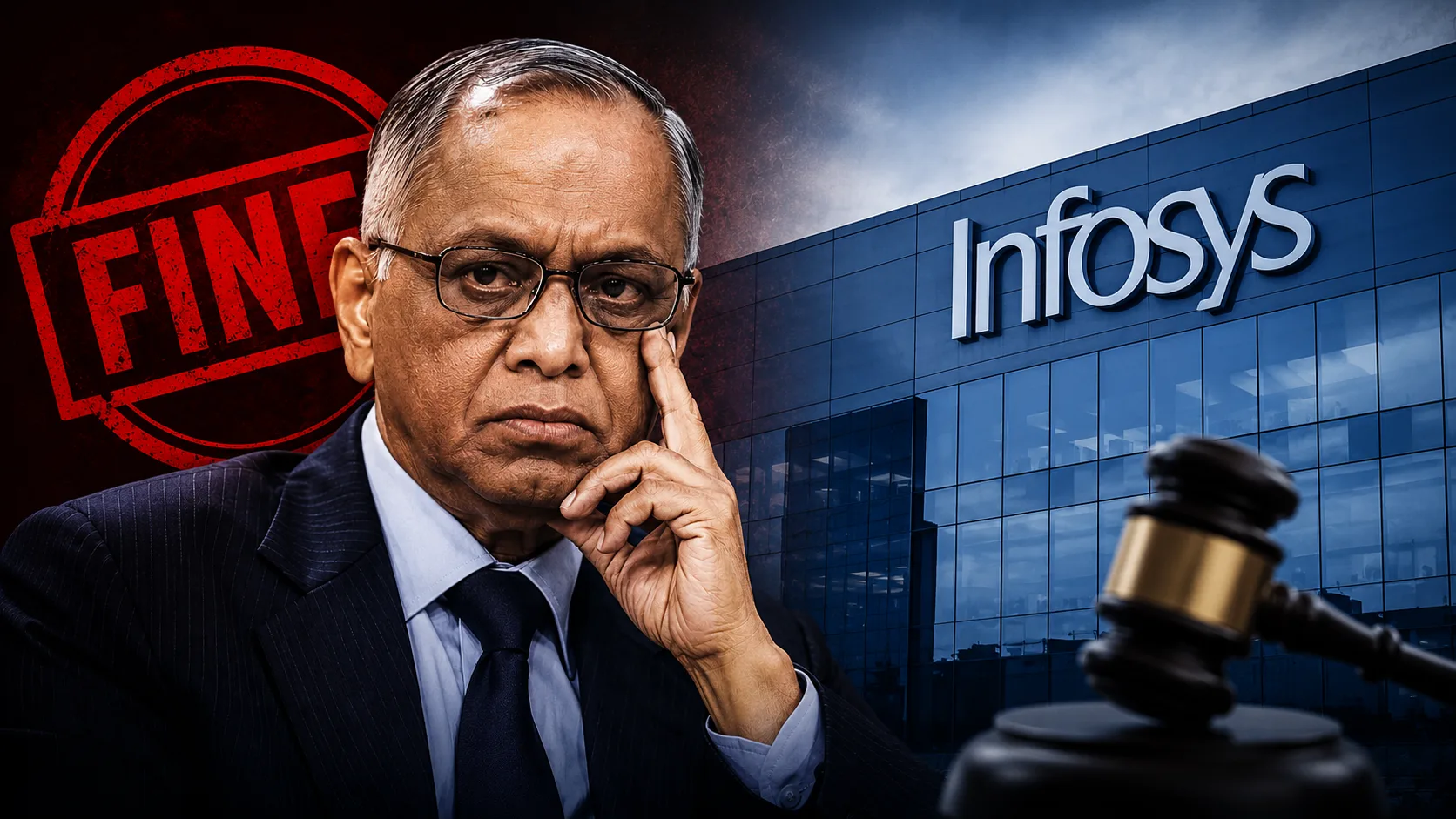 Serious businessman in a suit with a judge's gavel in the foreground and the Infosys building in the background.