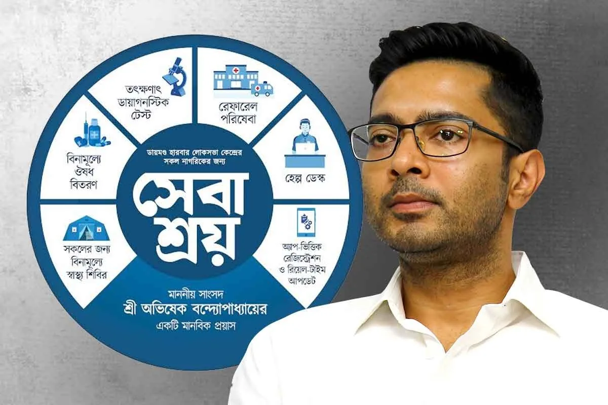 Man in a white shirt and glasses stands beside a large blue circular infographic with Bengali text and medical icons on a gray wall background.