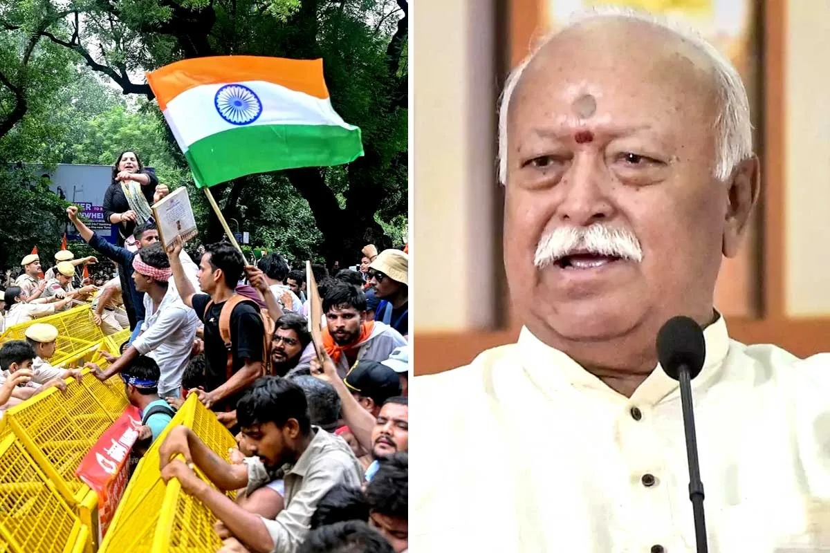 Split image: left shows a street protest with people behind yellow barriers and a person waving the Indian flag; right shows an elderly Indian man with a white mustache speaking at a microphone.