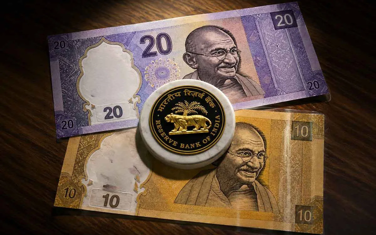 Indian money: a purple ₹20 note and a brown ₹10 note with a gold-and-black RBI coin resting on top